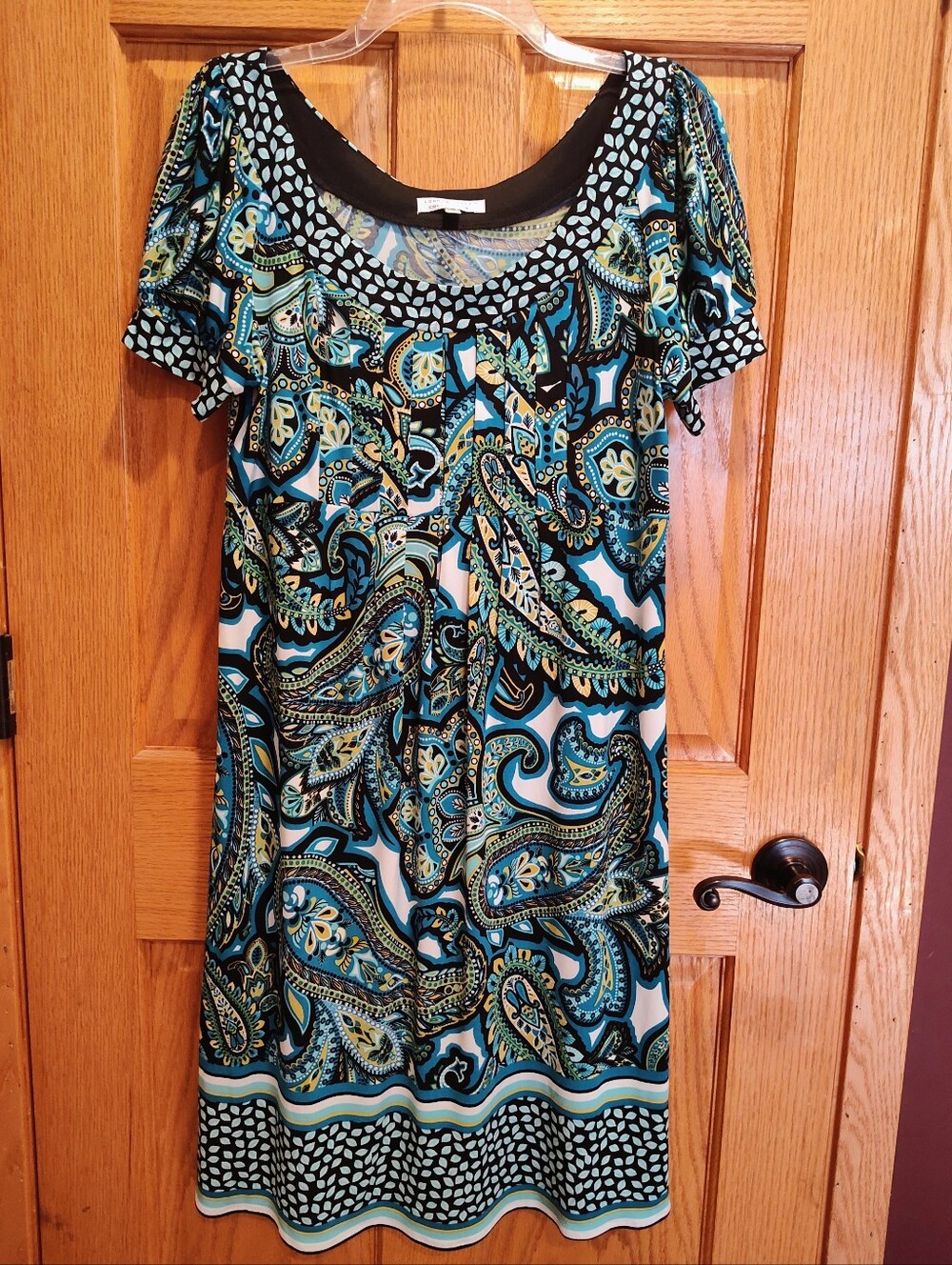 London Style Paisley Scoop Neck Short Sleeve Dress in Teal & Black